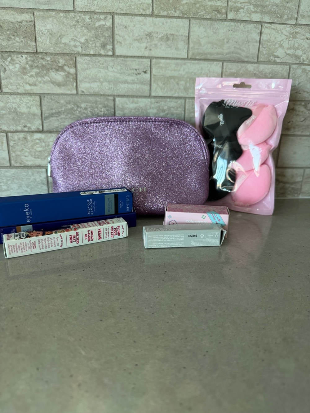 NWOT Coach Metallic Lavender sparkle Cosmetic Pouch and beauty bundle